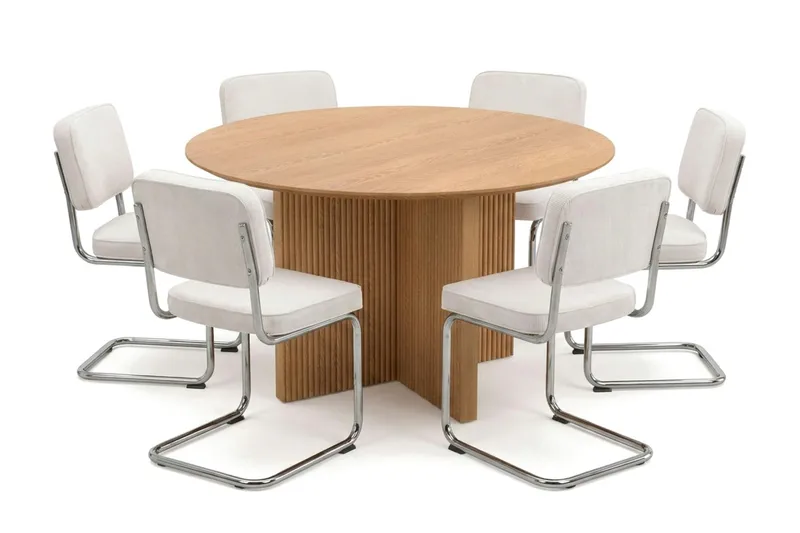 Edda spisegruppe rund 130 cm eik med 6 Milva spisestoler, Eik
