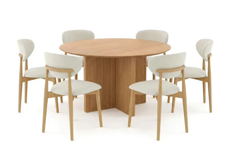 Edda spisegruppe rund 130 cm eik med 6 Molly spisestoler, Eik