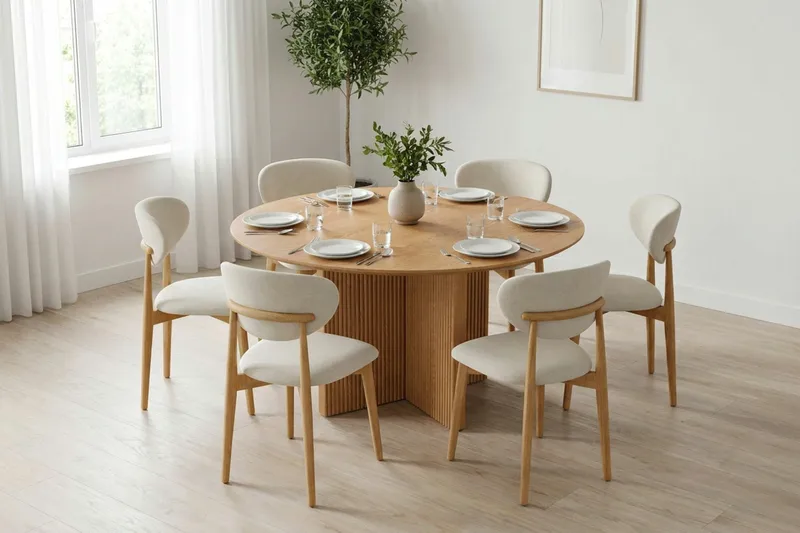 Edda spisegruppe rund 130 cm eik med 6 Molly spisestoler - Eik - Møbler - Bord - Spisegruppe