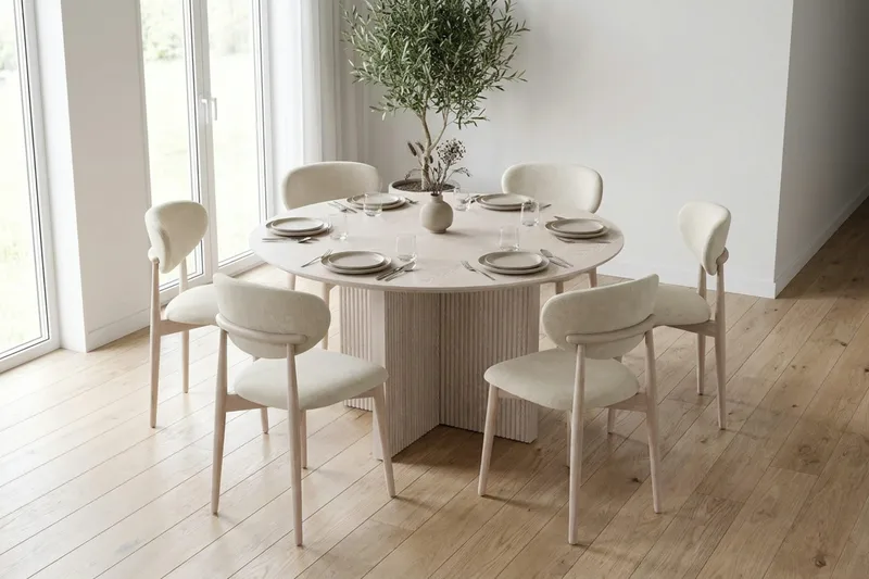 Edda Spisegruppe rund 130 cm Hvitlasert med 6 Molly Spisestoler - Hvitlasert eik - Møbler - Bord - Spisegruppe