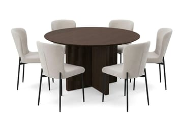 Edda Spisegruppe Rund 130 cm Røkt Eik med 6 Elsie Spisestoler - Røkt Eik/Beige - Møbler - Bord - Spisegruppe
