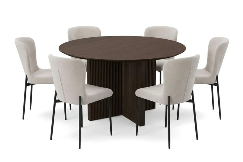Edda Spisegruppe Rund 130 cm Røkt Eik med 6 Elsie Spisestoler - Røkt Eik/Beige - Møbler - Bord - Spisegruppe