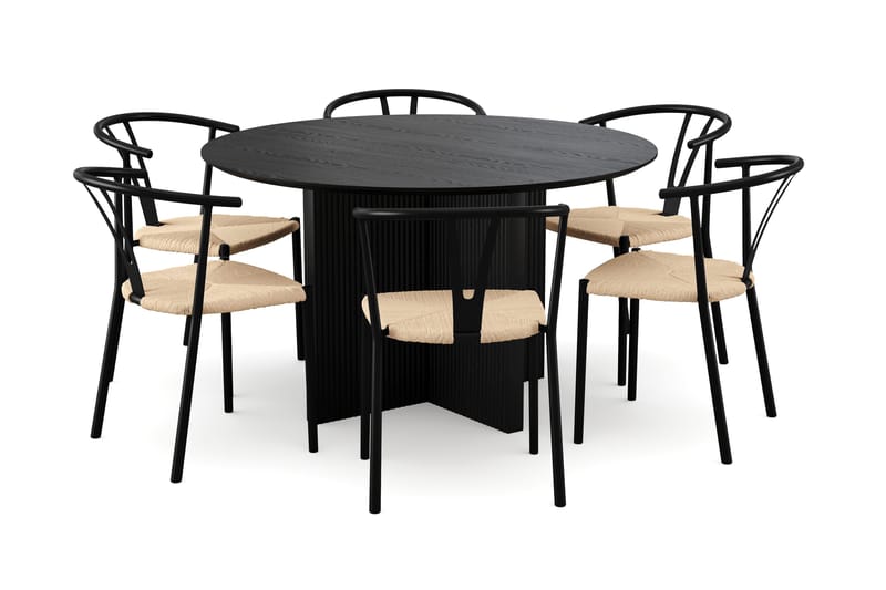 Edda Spisegruppe rund 130 cm Svart med 6 Elysia Spisestoler, Svartbeiset eik