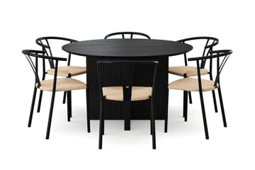 Edda Spisegruppe rund 130 cm Svart med 6 Elysia Spisestoler - Svartbeiset eik - Møbler - Bord - Spisegruppe