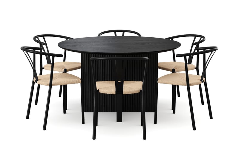 Edda Spisegruppe rund 130 cm Svart med 6 Elysia Spisestoler - Svartbeiset eik - Møbler - Bord - Spisegruppe