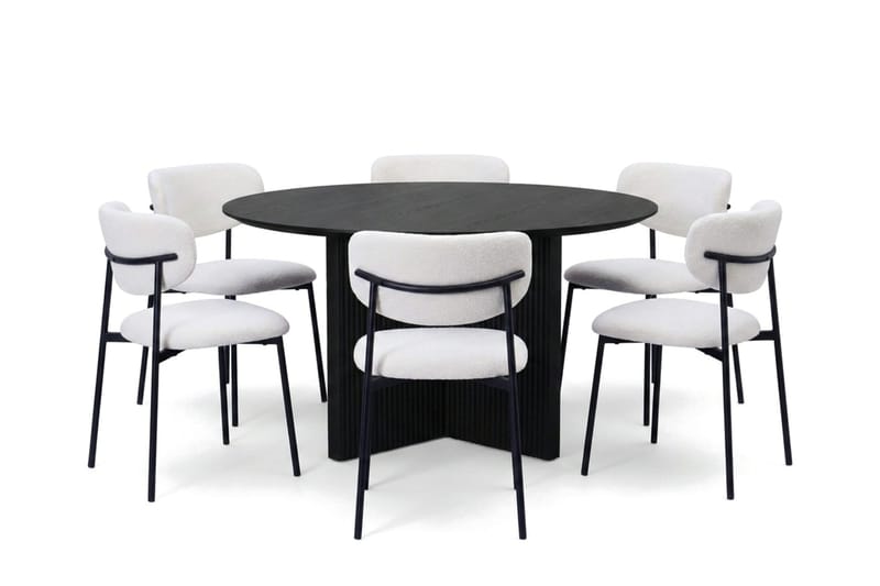 Edda spisegruppe rund 130 cm svart med 6 Lucy spisestoler, Svartbeiset eik