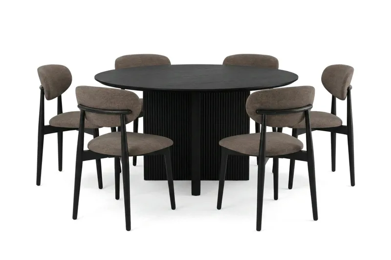 Edda spisegruppe rund 130 cm svart med 6 Molly spisestoler, Svart