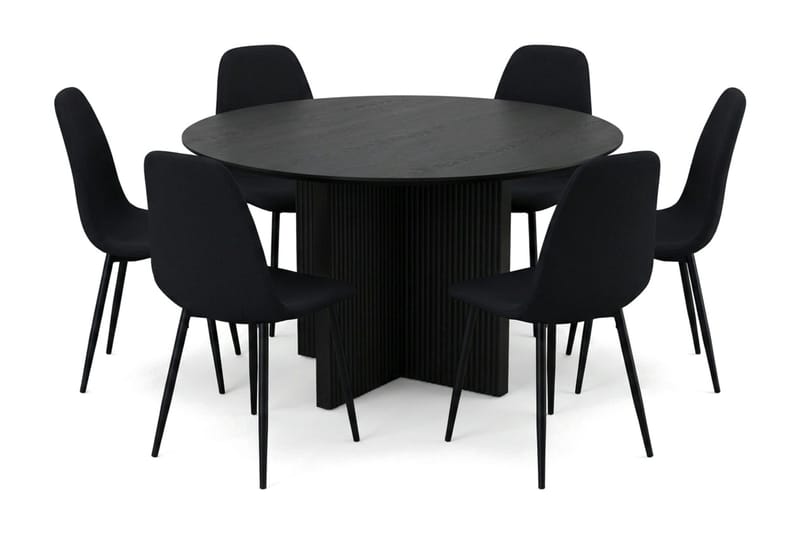 Edda spisegruppe rund 130 cm svart med 6 Nibe spisestoler, Svartbeiset eik
