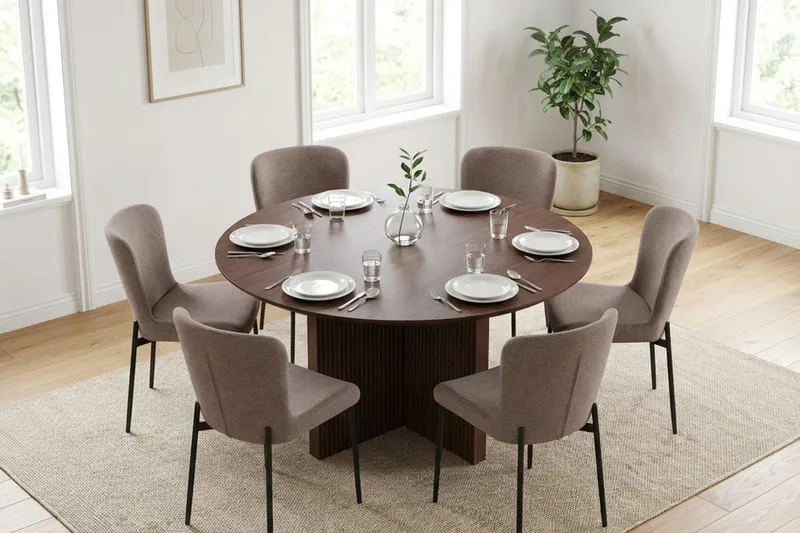 Edda spisegruppe rund 130 cm valnøtt med 6 Elsie spisestoler - Valnøtt/grå - Møbler - Bord - Spisegruppe
