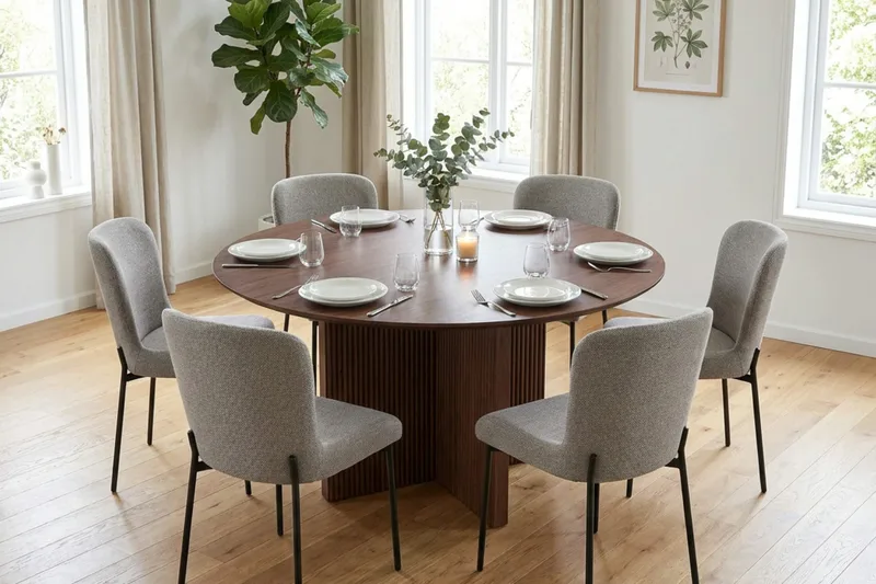 Edda spisegruppe rund 130 cm valnøtt med 6 Elsie spisestoler - Valnøtt/lysegrå - Møbler - Bord - Spisegruppe