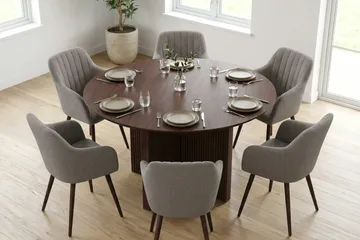Edda spisegruppe rund 130 cm valnøtt med 6 Filippa spisestoler - Valnøtt - Møbler - Bord - Spisegruppe