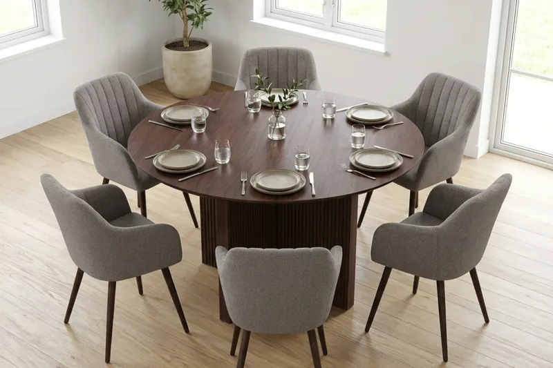 Edda spisegruppe rund 130 cm valnøtt med 6 Filippa spisestoler - Valnøtt - Møbler - Bord - Spisegruppe