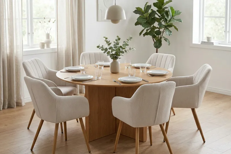 Edda spisegruppe rund 150 cm eik med 6 Filippa spisestoler - Eik - Møbler - Bord - Spisegruppe