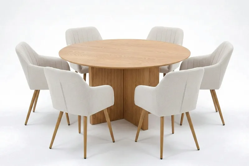 Edda spisegruppe rund 150 cm eik med 6 Filippa spisestoler, Eik