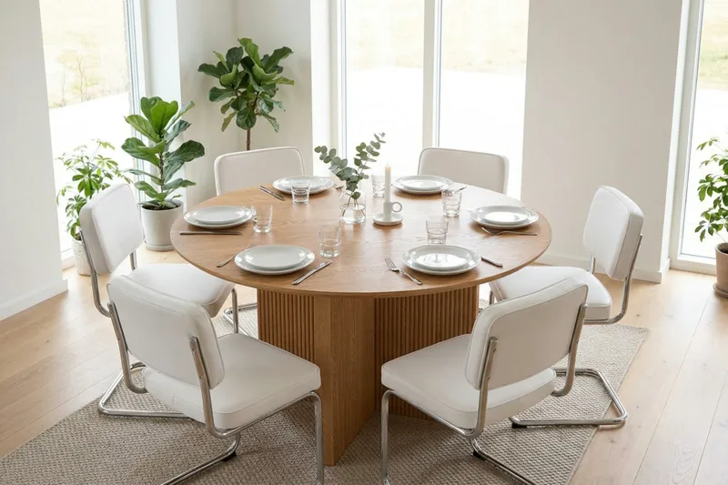 Edda spisegruppe rund 150 cm eik med 6 Milva spisestoler - Eik - Møbler - Bord - Spisegruppe