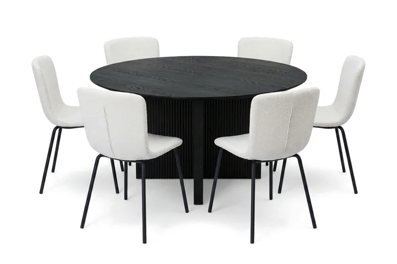 Edda spisegruppe rund 150 cm svart med 6 Katy spisestoler, Svart