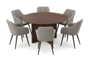 Edda spisegruppe rund 150 cm valnøtt med 6 Filippa spisestoler - Møbler - Bord - Spisegruppe