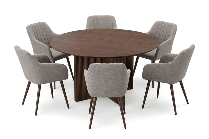 Edda spisegruppe rund 150 cm valnøtt med 6 Filippa spisestoler - Møbler - Bord - Spisegruppe