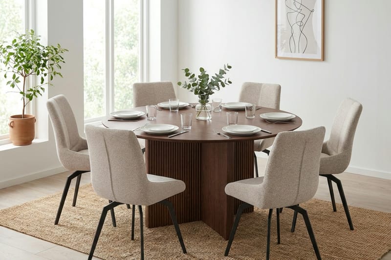 Edda spisegruppe rund 150 cm valnøtt med 6 Mora spisestoler - Valnøtt - Møbler - Bord - Spisegruppe