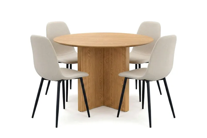 Edda spisegruppe rundt 110 cm eik med 4 Nibe spisestoler, Eik