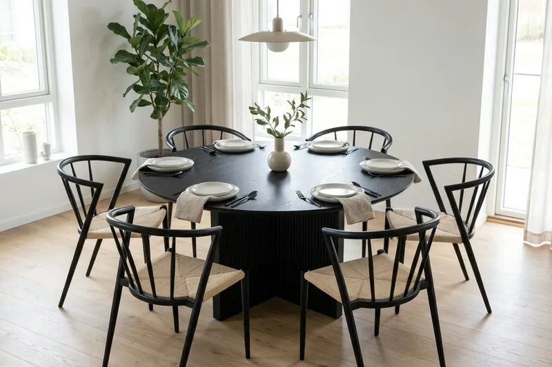 Edda spisegruppe rundt 130 cm svart med 6 Winston spisestoler - Svart - Møbler - Bord - Spisegruppe