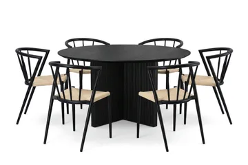 Edda spisegruppe rundt 130 cm svart med 6 Winston spisestoler - Svart - Møbler - Bord - Spisegruppe