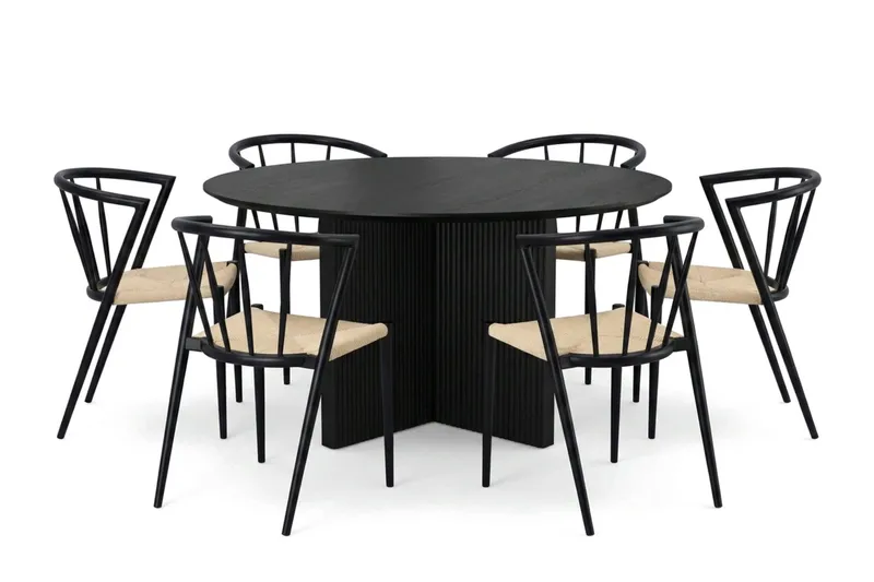 Edda spisegruppe rundt 130 cm svart med 6 Winston spisestoler, Svart