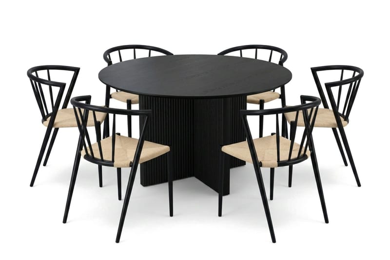 Edda spisegruppe rundt 130 cm svart med 6 Winston spisestoler - Svart - Møbler - Bord - Spisegruppe