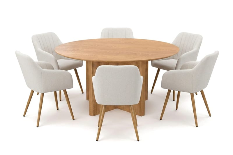 Edda spisegruppe rundt 150 cm eik med 6 Karol spisestoler, Eik