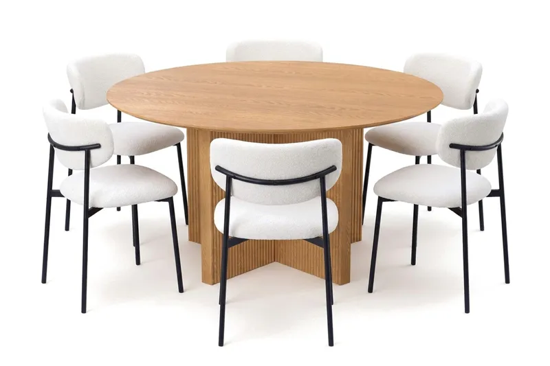 Edda spisegruppe rundt 150 cm eik med 6 Lucy spisestoler, Eik