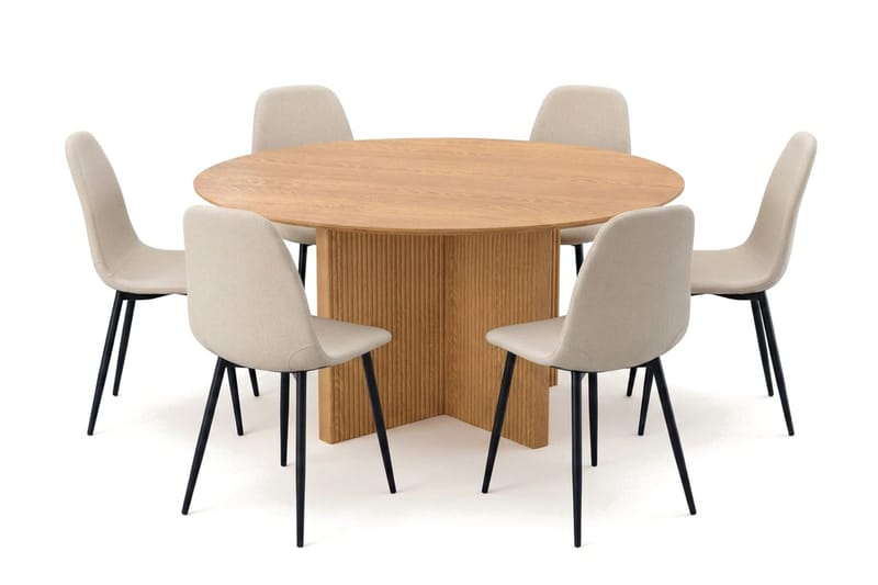 Edda spisegruppe rundt 150 cm eik med 6 Nibe spisestoler, Eik