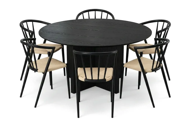 Edda spisegruppe rundt 150 cm svart med 6 Winston spisestoler, Svart