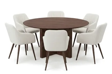 Edda spisegruppe rundt 150 cm valnøtt med 6 Filippa spisestoler - Møbler - Bord - Spisegruppe