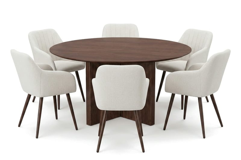Edda spisegruppe rundt 150 cm valnøtt med 6 Filippa spisestoler - Møbler - Bord - Spisegruppe