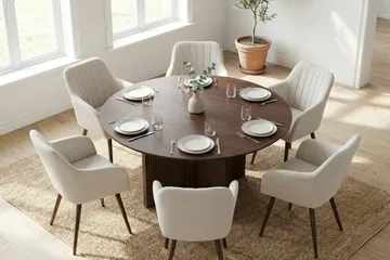 Edda spisegruppe rundt 150 cm valnøtt med 6 Filippa spisestoler - Møbler - Bord - Spisegruppe
