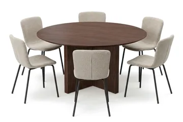 Edda spisegruppe rundt 150 cm valnøtt med 6 Katy spisestoler - Møbler - Bord - Spisegruppe