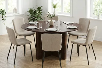 Edda spisegruppe rundt 150 cm valnøtt med 6 Katy spisestoler - Møbler - Bord - Spisegruppe
