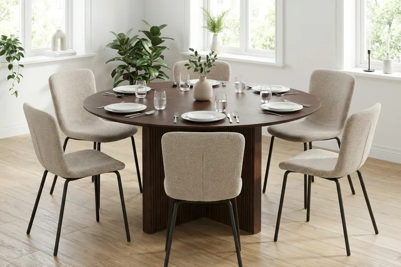 Edda spisegruppe rundt 150 cm valnøtt med 6 Katy spisestoler - Møbler - Bord - Spisegruppe