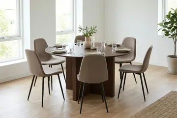Edda spisegruppe rundt 150 cm valnøtt med 6 Nibe spisestoler - Møbler - Bord - Spisegruppe