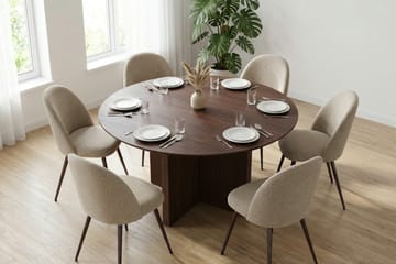 Edda spisegruppe rundt 150 cm valnøtt med 6 Nibe Plus spisestoler - Møbler - Bord - Spisegruppe