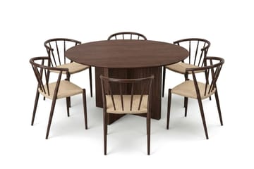 Edda spisegruppe rundt 150 cm valnøtt med 6 Winston spisestoler - Møbler - Bord - Spisegruppe