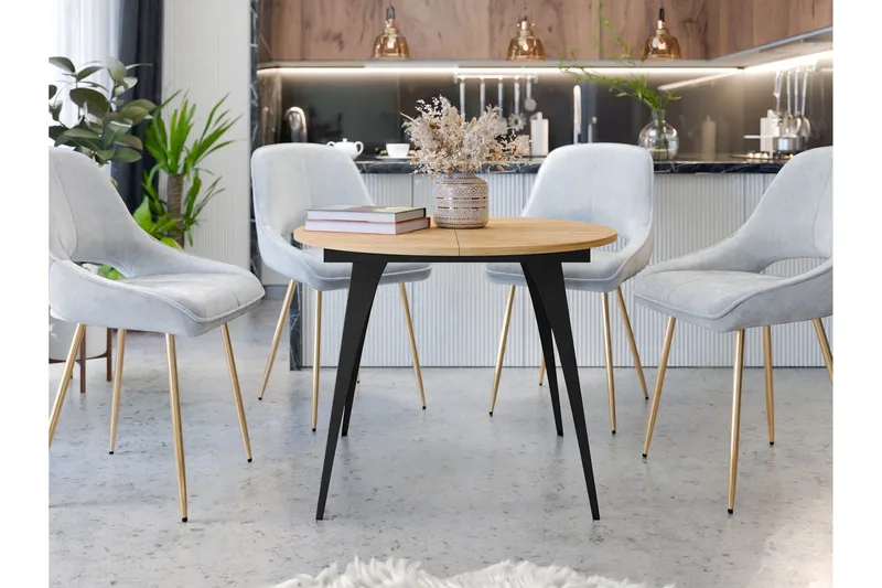 Eldo Uttrekkbart Rundt Spisebord 100 cm med Eik- og Metallutseende - Svart|Beige - Møbler - Bord - Spisebord & kjøkkenbord