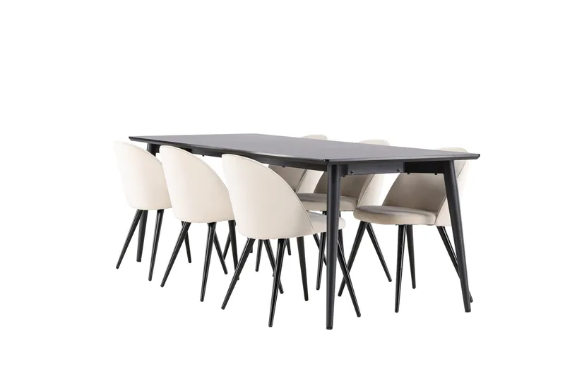 Ellis Spisegruppe 230 cm Rektangulær med 6 Velvet stoler, Sort/Beige