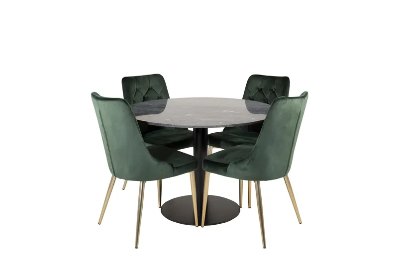 Estelle Spisegruppe 106 cm Rund med 4 Velvet Stoler, Sort/Guld