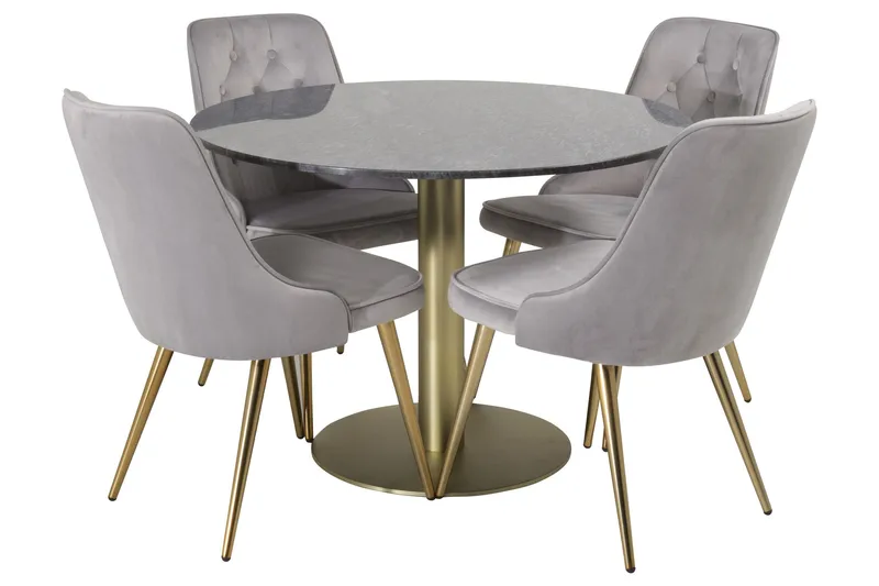 Estelle Spisegruppe 106 cm Rund med 4 Velvet Stoler, Sort/Guld