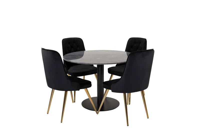 Estelle Spisegruppe 106 cm Rund med 4 Velvet Stoler, Sort/Guld