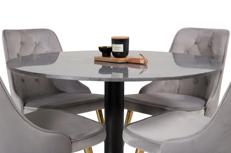 Estelle Spisegruppe 106 cm Rund med 4 Velvet Stoler - Sort/Guld - Møbler - Bord - Spisegruppe