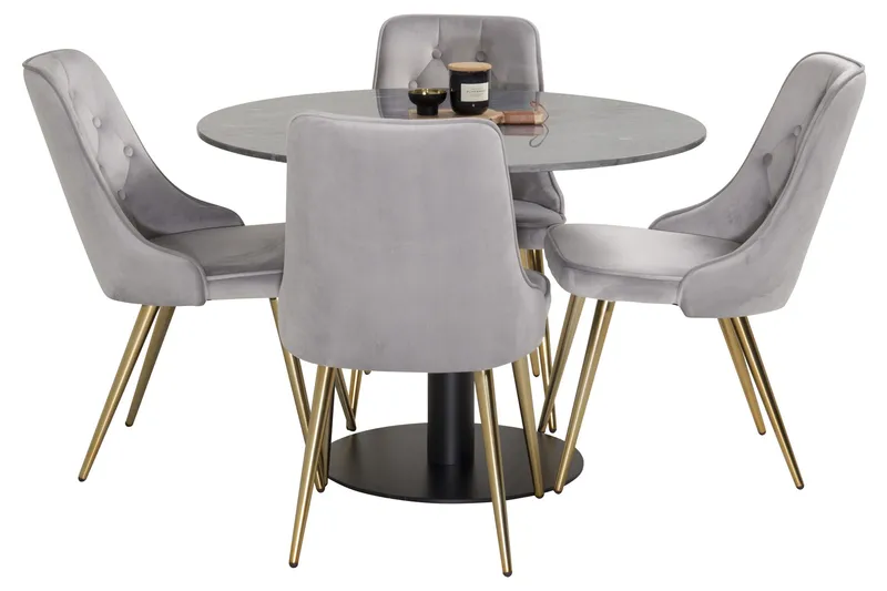 Estelle Spisegruppe 106 cm Rund med 4 Velvet Stoler - Sort/Guld - Møbler - Bord - Spisegruppe