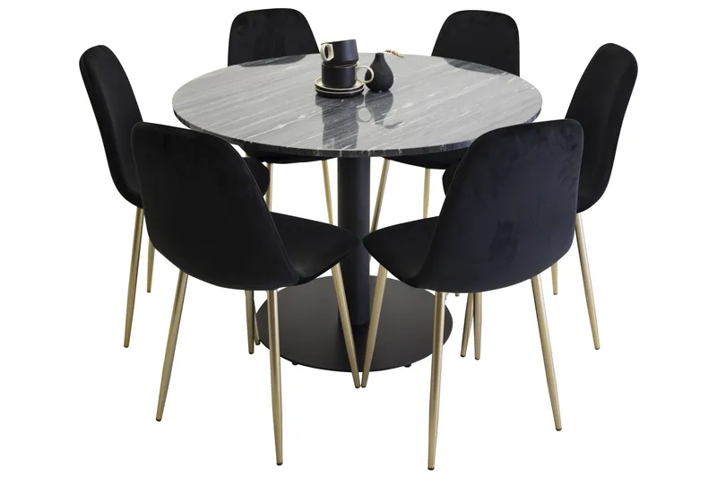 Estelle Spisegruppe 106 cm Rund med 6 Polar Stoler, Sort/Guld