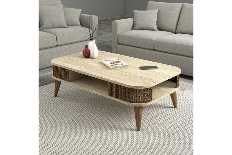 Eylul Rektangulært Sofabord 105 cm med Hyller i Tre - Beige - Møbler - Bord - Sofabord & salongbord